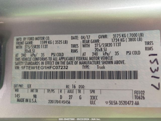 1FTEW1EG1HFC07232 Ford F-150 Platinum