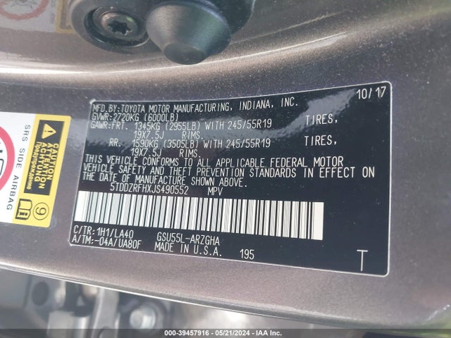 Toyota Highlander Limited Platinum 2018 5TDDZRFHXJS490552 Image 9