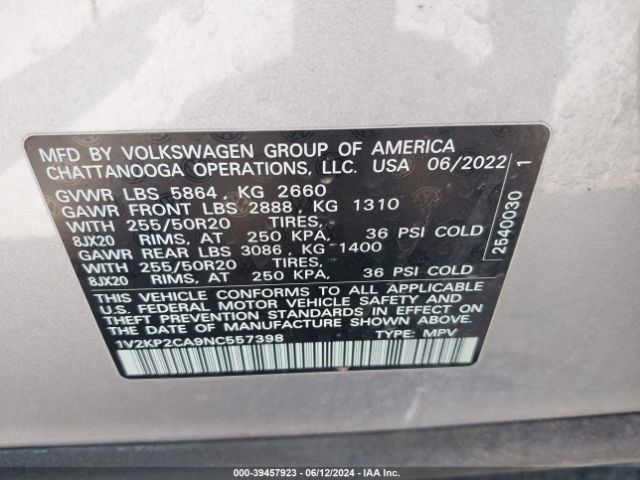 1V2KP2CA9NC557398 Volkswagen Atlas 2.0t Se W/technology