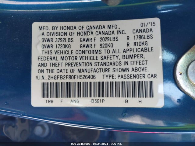 Honda CIVIC EX 2015 2HGFB2F80FH526406 Image 9