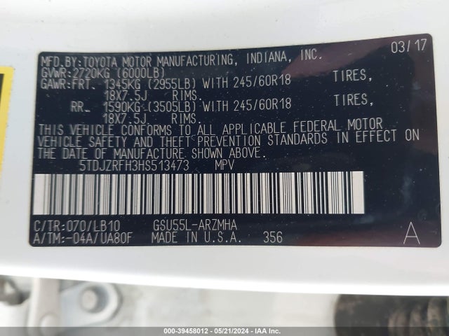 Toyota Highlander Xle 2017 5TDJZRFH3HS513473 Image 9