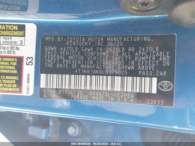 Toyota CAMRY XSE 2020 4T1K61AK6LU375025 Image 9