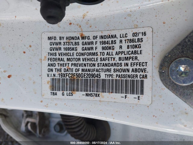 Honda Civic Lx 2016 19XFC2F50GE209045 Image 9