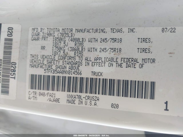 Toyota Tundra Sr 2022 5TFKB5AA0NX014566 Image 9