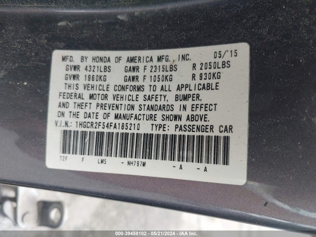 Honda Accord Sport 2015 1HGCR2F54FA185210 Image 9