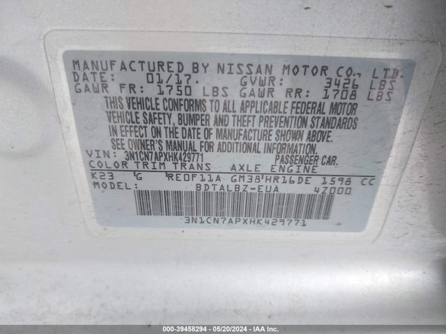 Nissan Versa 1.6 Sv 2017 3N1CN7APXHK429771 Image 9