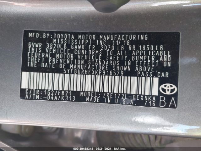 5YFBURHEXKP916579 Toyota Corolla Xle