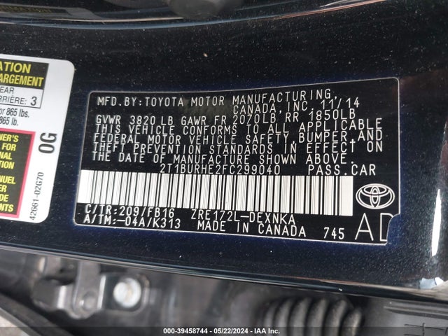 Toyota COROLLA LE 2015 2T1BURHE2FC299040 Image 9
