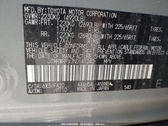 JTMRWRFV3ND141240 Toyota Rav4 Xle Hybrid