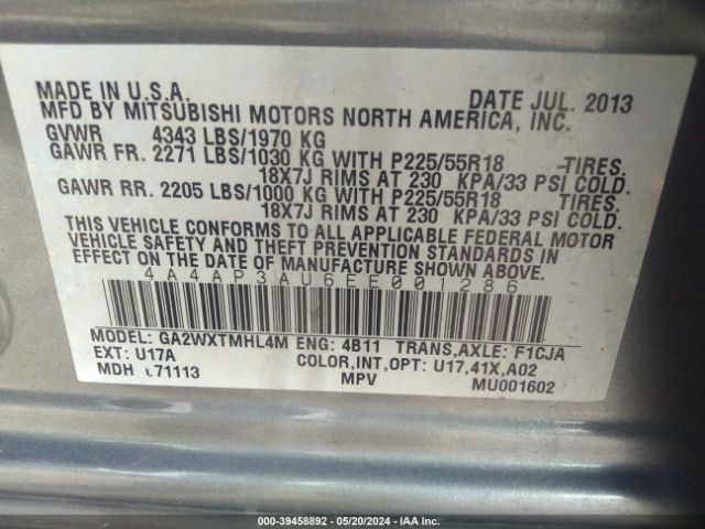 4A4AP3AU6EE001286 Mitsubishi Outlander Sport Es