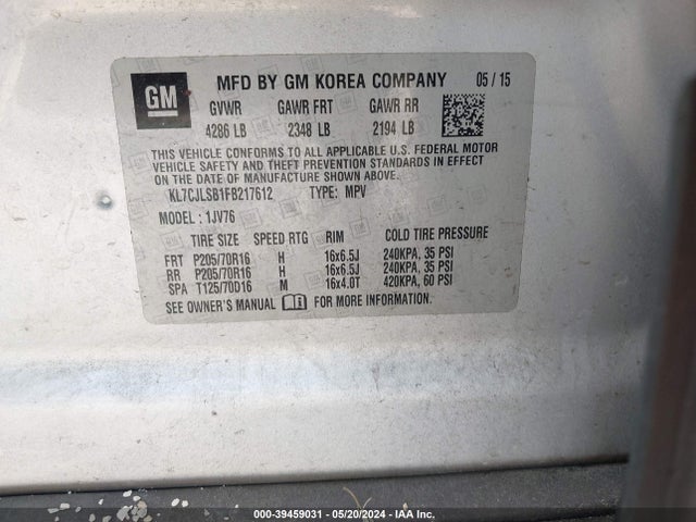 Chevrolet Trax Lt 2015 KL7CJLSB1FB217612 Image 9