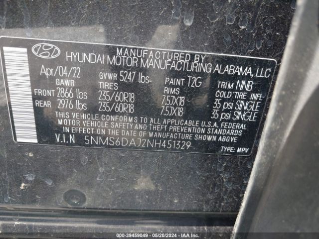 5NMS6DAJ2NH451329 Hyundai Santa Fe Xrt