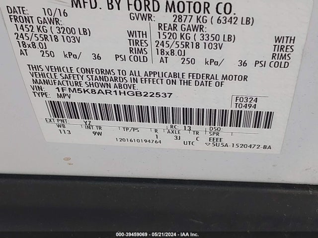 Aukcja sprzedaży 2017 Ford Utility Police Interceptor, vin: 1FM5K8AR1HGB22537, numer aukcji: 39459069