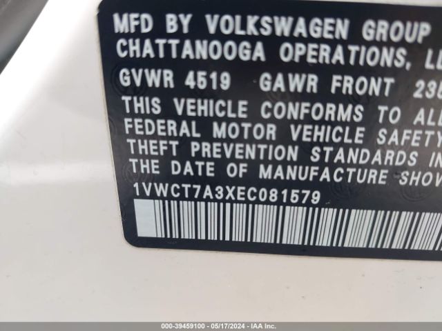 1VWCT7A3XEC081579 Volkswagen Passat 1.8t Sel Premium