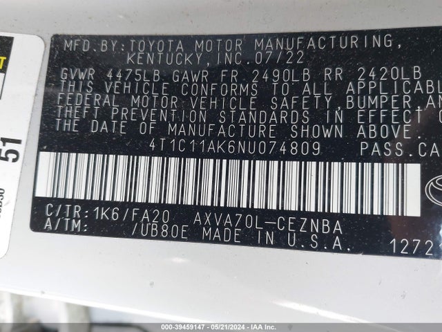 Toyota CAMRY LE 2022 4T1C11AK6NU074809 Image 9