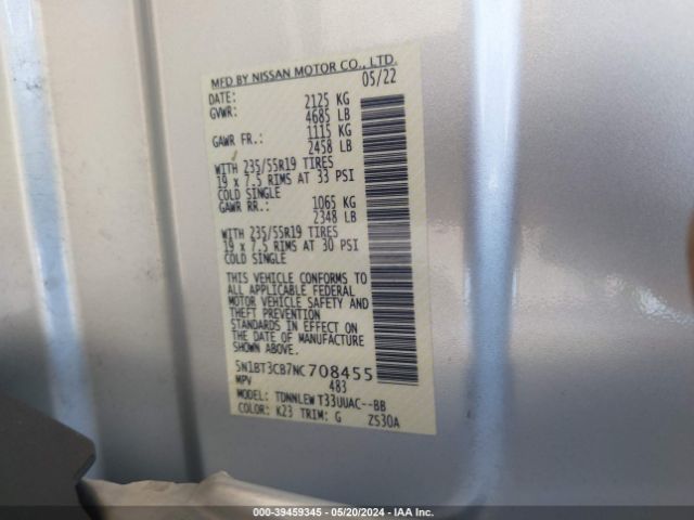 5N1BT3CB7NC708455 Nissan Rogue Sl Intelligent Awd