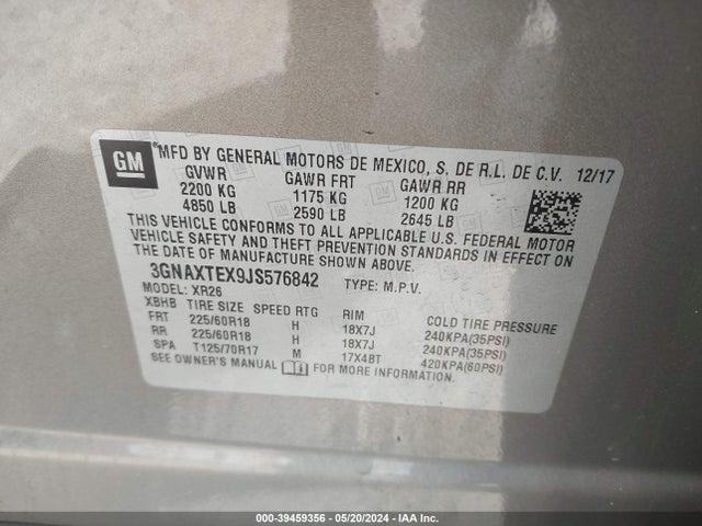 Chevrolet EQUINOX LT 2018 3GNAXTEX9JS576842 Image 9