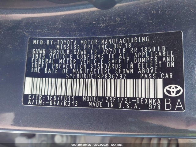 5YFBURHE1KP886792 Toyota COROLLA LE