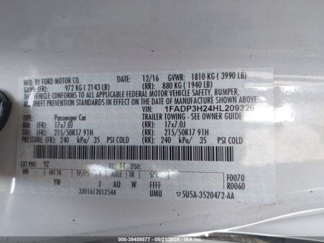 1FADP3H24HL209326 Ford FOCUS SEL