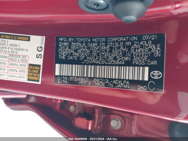 Toyota COROLLA LE 2022 JTDVPMAE6NJ205844 Image 9
