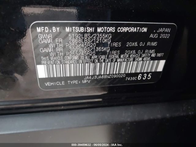 JA4J3UA88NZ090020 Mitsubishi Outlander Black Edition 2wd/se 2.5 2wd/se Launch Edition 2wd