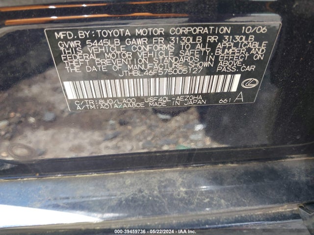 Aukcja sprzedaży 2007 Lexus Ls 460, vin: JTHBL46F575005127, numer aukcji: 39459736