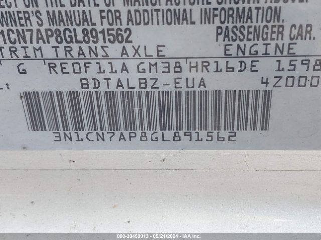 3N1CN7AP8GL891562 Nissan Versa 1.6 S/1.6 S+/1.6 Sl/1.6 Sv