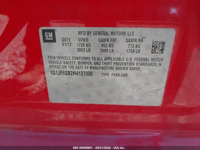 Chevrolet Sonic Premier Auto 2017 1G1JF6SB2H4137099 Image 9