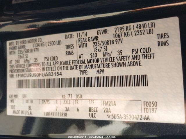 1FMCU9J90FUA83154 Ford Escape Titanium