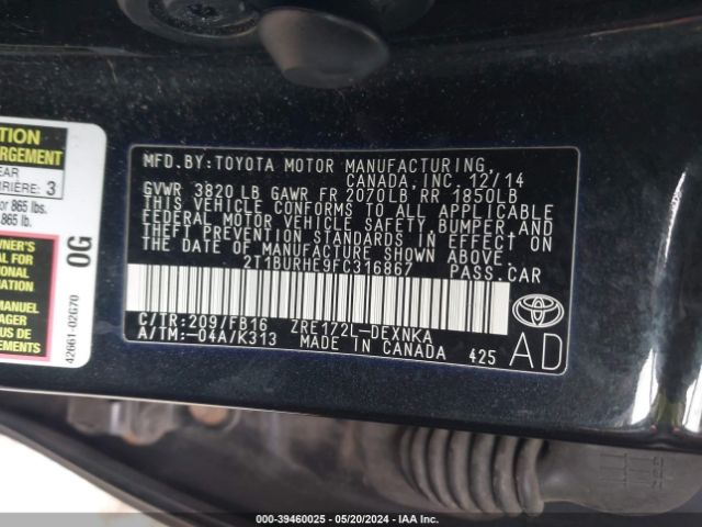 2T1BURHE9FC316867 Toyota COROLLA LE