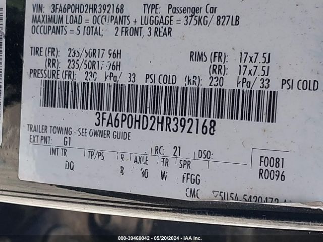 3FA6P0HD2HR392168 Ford FUSION SE