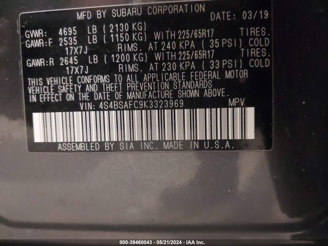 Subaru Outback 2.5i Premium 2019 4S4BSAFC9K3323969 Image 9