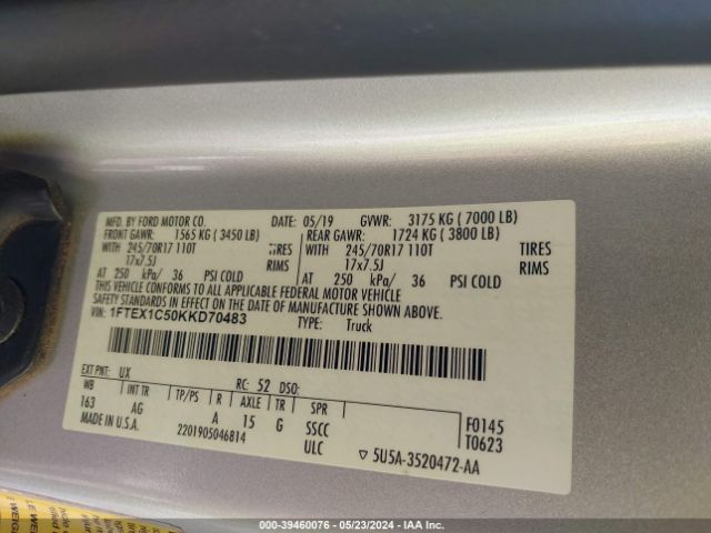1FTEX1C50KKD70483 Ford F-150 Xl