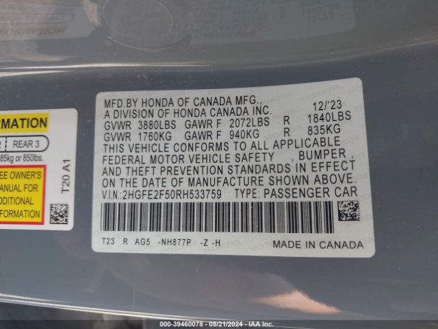 2HGFE2F50RH533759 Honda Civic Sport