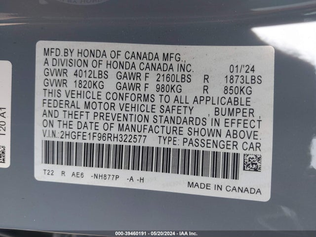 Honda Civic Touring 2024 2HGFE1F96RH322577 Image 9