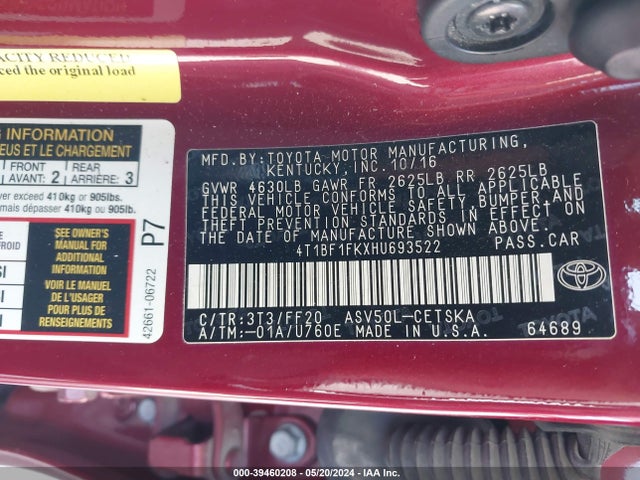 Toyota CAMRY SE 2017 4T1BF1FKXHU693522 Image 9