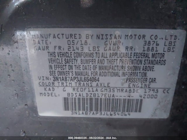 Nissan SENTRA SV 2018 3N1AB7AP3JL654064 Image 9