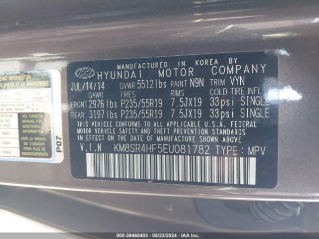 KM8SR4HF5EU081782 Hyundai Santa Fe Limited