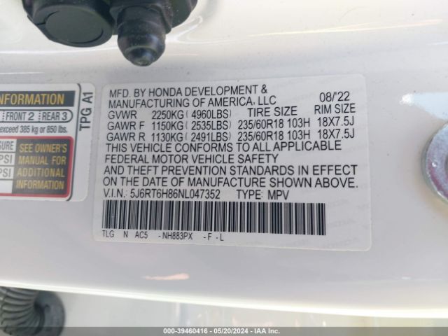 5J6RT6H86NL047352 Honda Cr-v Hybrid Ex-l