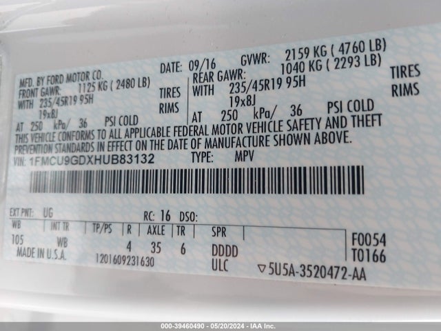 Ford ESCAPE SE 2017 1FMCU9GDXHUB83132 Image 9