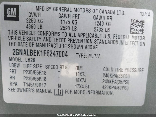 Chevrolet EQUINOX 1LT 2015 2GNALBEK1F6247004 Image 9