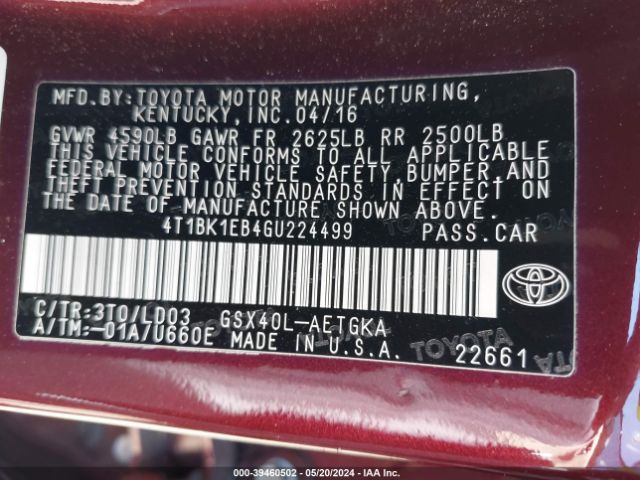 4T1BK1EB4GU224499 Toyota AVALON XLE