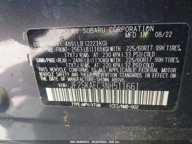 JF2SKAEC3NH511661 Subaru Forester Premium