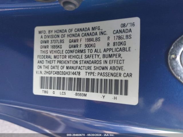 2HGFC4B03GH314478 Honda Civic Lx-p