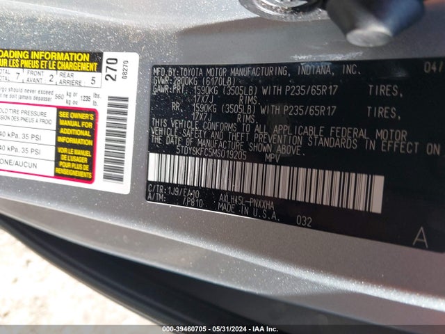 Toyota SIENNA XLE 2021 5TDYSKFC5MS019205 Image 9