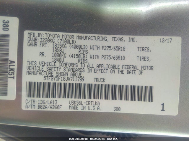 5TFBY5F18JX711789 Toyota Tundra Limited 5.7l V8