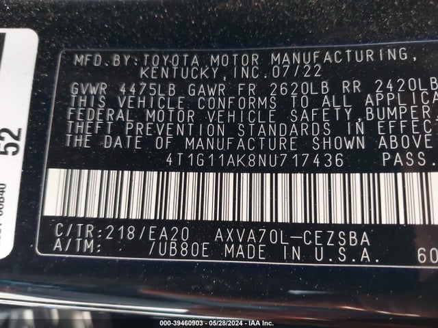 Toyota CAMRY SE 2022 4T1G11AK8NU717436 Image 9