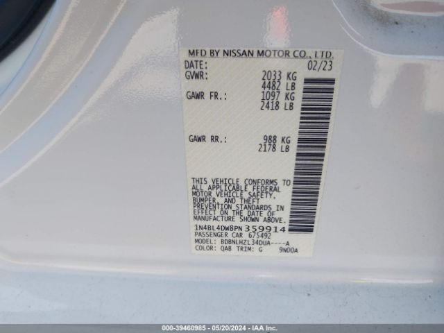 1N4BL4DW8PN359914 Nissan Altima Sv Intelligent Awd