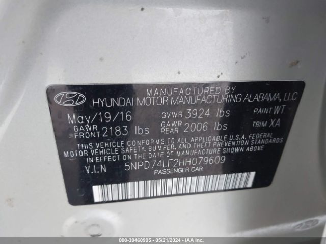 5NPD74LF2HH079609 Hyundai ELANTRA SE