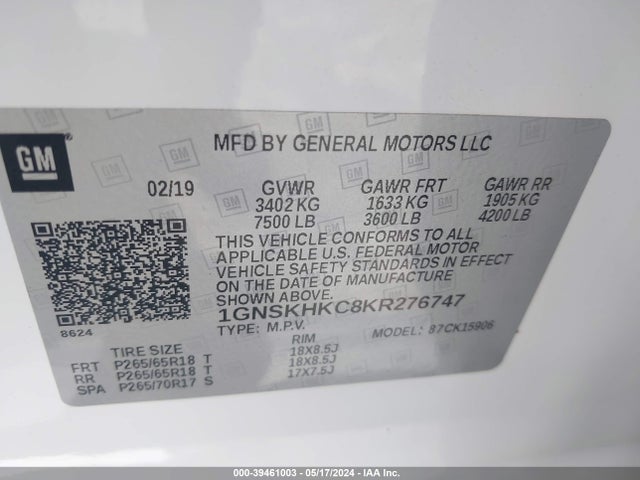Chevrolet Suburban Lt 2019 1GNSKHKC8KR276747 Image 9